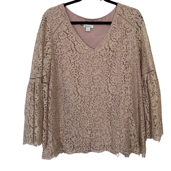Sundance Charmant Pink All Over Lace Bell Sleeve Blouse-L - Picture 2 of 8